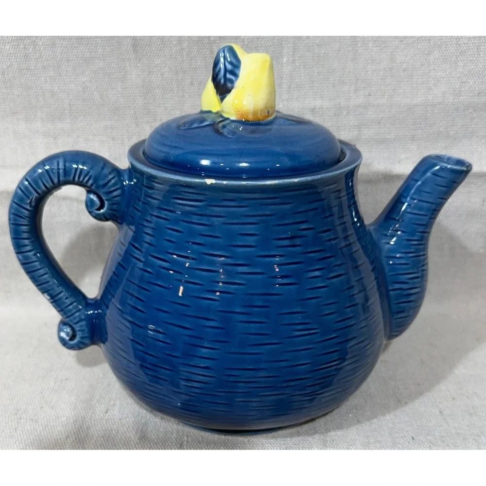 Vintage Cobalt Blue Ceramic Teapot Fruit Relief Apple Pear Made in Japan 7x8